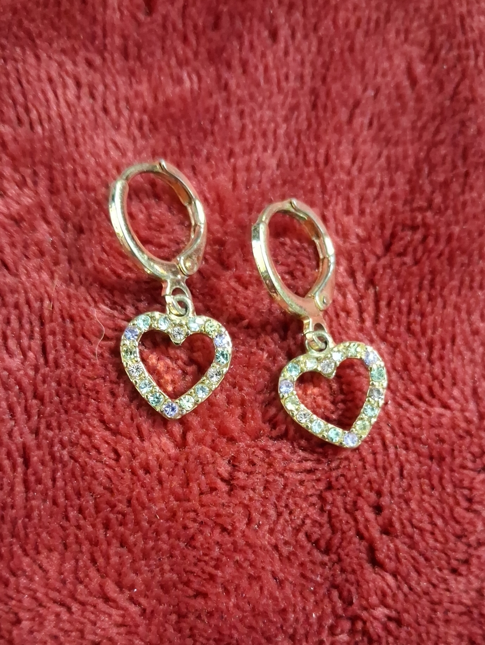 Gold Tone Heart Drop Earrings with Clear Crystals - Women Jewelry